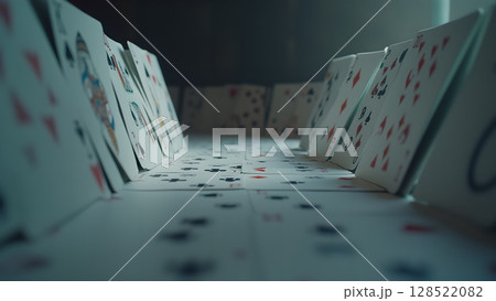 A close up shot of playing cards arranged in an organized fashion standing up creating depth of field and a visual sense of order 128522082