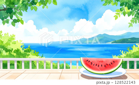 入道雲が浮かぶ海が見える縁側と半ぎりの赤いスイカ 日本の夏の田舎 水彩画風 入道雲が浮かぶ海が見える縁側と半ぎりの赤いスイカ 日本の夏の田舎 水彩画風 128522143