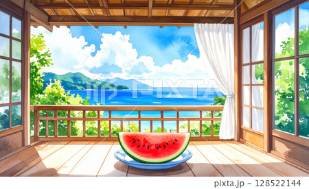 入道雲が浮かぶ海が見える縁側と半ぎりの赤いスイカ 日本の夏の田舎 水彩画風 入道雲が浮かぶ海が見える縁側と半ぎりの赤いスイカ 日本の夏の田舎 水彩画風 128522144