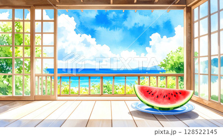 入道雲が浮かぶ海が見える縁側と半ぎりの赤いスイカ　日本の夏の田舎　水彩画風 128522145