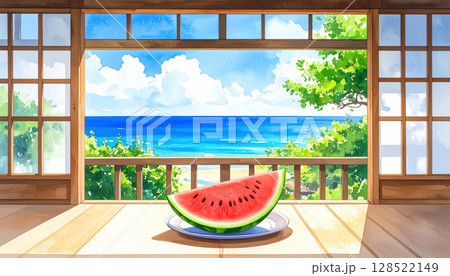入道雲が浮かぶ海が見える縁側と半ぎりの赤いスイカ 日本の夏の田舎 水彩画風 入道雲が浮かぶ海が見える縁側と半ぎりの赤いスイカ 日本の夏の田舎 水彩画風 128522149