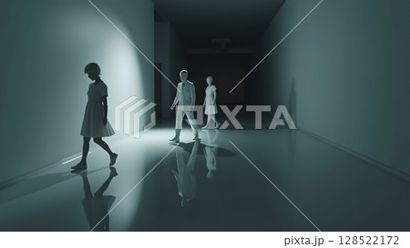 Ethereal figures traverse a long stark corridor with reflections creating surreal ambience exploring themes of isolation and contemporary identity through minimalist composition 128522172