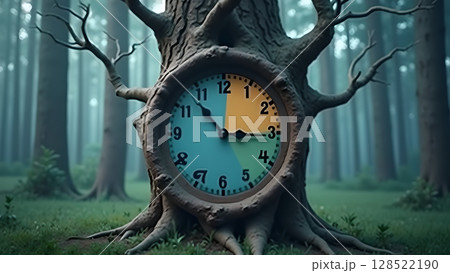 Surreal time depiction nature's rhythm, featuring tree clock representing changing seasons, marking time passing in tranquil forest, timeless scene showcasing intertwining nature time Surreal time depiction nature's rhythm, featuring tree clock representing changing seasons, marking time passing in tranquil forest, timeless scene showcasing intertwining nature time 128522190