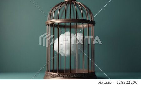 Conceptual artwork featuring a cloud trapped inside of an old-fashioned birdcage, symbolizing ideas of freedom and confinement against a teal background, beautiful and thought-provoking 128522200