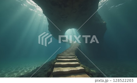 Mystical underwater staircase leading to a cavern opening illuminated by sunbeams creating an ethereal and surreal ambiance in deep blue waters of the sea a captivating scenery 128522203