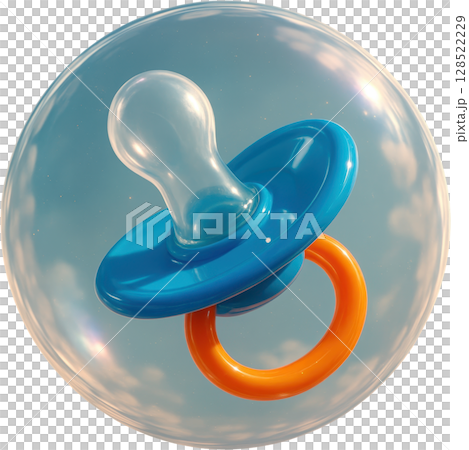 Blue and orange baby pacifier inside a protective transparent bubble 128522229