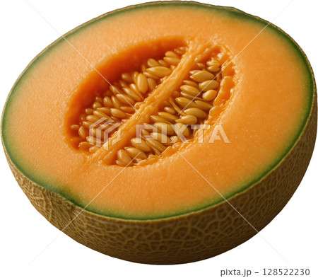 Juicy cantaloupe half with bright orange flesh and visible seeds 128522230