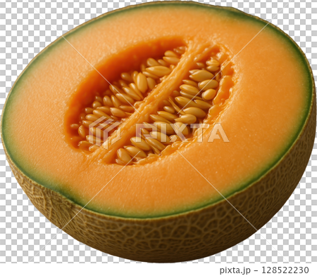 Juicy cantaloupe half with bright orange flesh and visible seeds 128522230