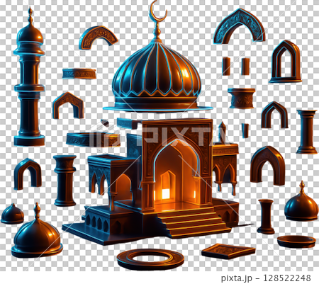 Modular mosque architecture elements with glowing details 128522248