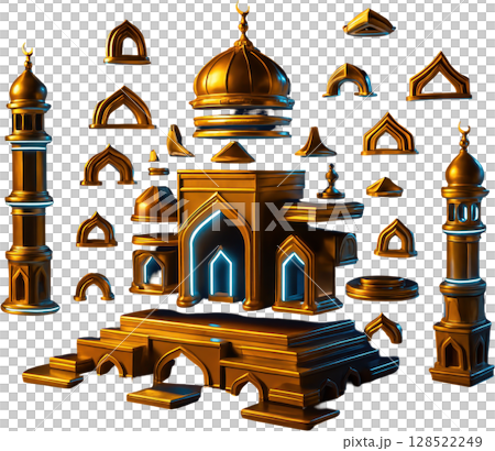 Golden modular islamic architecture elements with glowing accents 128522249