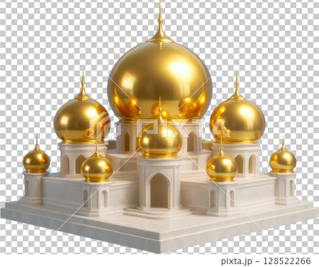 Grand golden domed mosque architecture with white base and ornate details 128522266