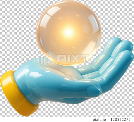 Digital blue hand holding a radiant golden orb of future possibilities 128522273