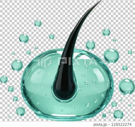 Hair strand immersed in nourishing liquid droplet with essence bubbles 128522274