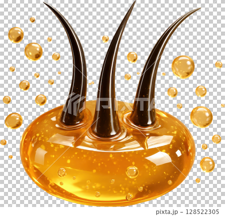 Hair strands immersed in golden oil for nourishment and growth 128522305