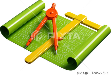 Architectural blueprint with drafting tools, compass and t square for design Architectural blueprint with drafting tools, compass and t square for design 128522307