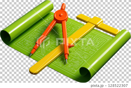 Architectural blueprint with drafting tools, compass and t square for design Architectural blueprint with drafting tools, compass and t square for design 128522307