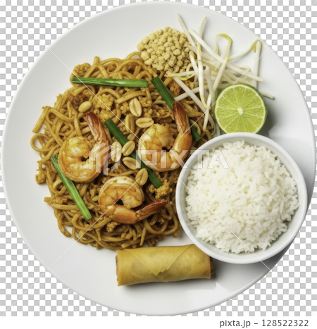 Authentic pad thai noodles with shrimp, peanuts, rice, and spring roll meal 128522322