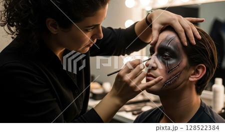 Woman makeup artist applies dramatic theatrical scar makeup to a man face 128522384