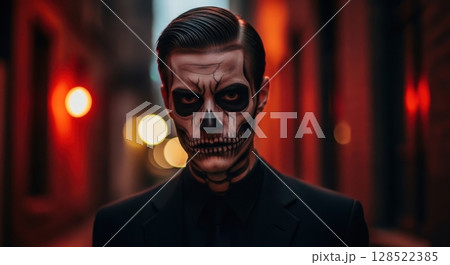 Cinematic portrait of a young man with skull face paint and dark clothing 128522385