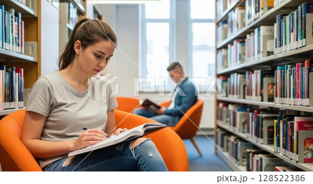 Young woman student studying and writing in a university library surrounded by bookshelves. 128522386