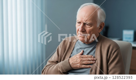 Senior man suffering from chest pain, holding his hand to his chest in discomfort 128522393