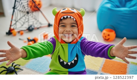 Happy child in a vibrant monster costume smiling with outstretched arms for halloween 128522397