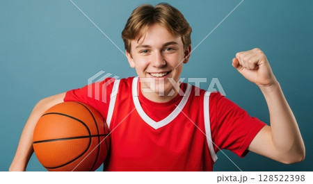 Confident young boy in red basketball jersey smiling with a basketball and flexing arm 128522398