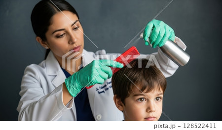 Female doctor in white coat and green gloves treating young boy hair with spray and comb 128522411