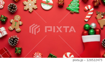 Christmas flat lay with holiday cookies, gifts, pine cones, and stocking on red background Christmas flat lay with holiday cookies, gifts, pine cones, and stocking on red background 128522473