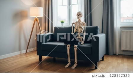 Anatomical human skeleton model sitting on a sofa with a laptop, symbolizing overwork. 128522526