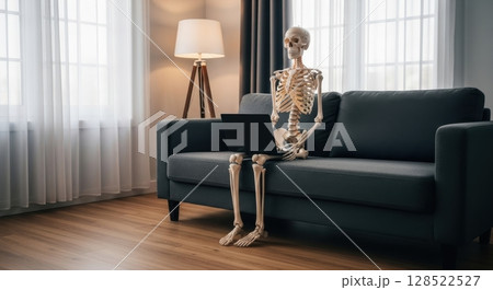 Human skeleton model sitting on sofa using laptop in a modern living room 128522527