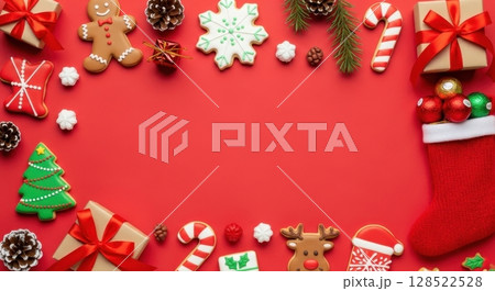 Christmas holiday flat lay with festive items framing red background and copy space 128522528
