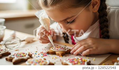 Young girl with braided hair focused on decorating gingerbread cookies with icing and sprinkles in kitchen 128522548