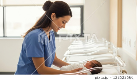 Compassionate nurse gently places swaddled newborn baby in hospital bassinet in nursery 128522566