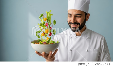 Smiling male chef in white uniform holding a bowl with fresh salad ingredients floating 128522654