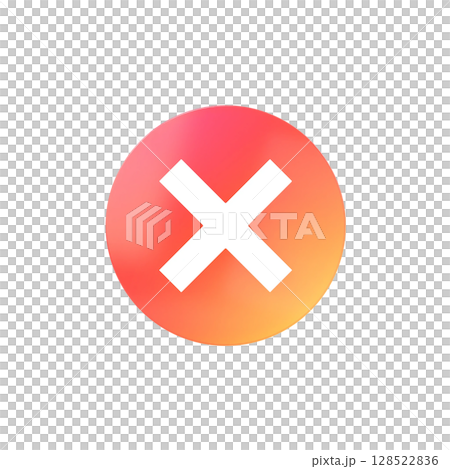 3D插圖圖示。紅色和橙色漸變透明圓形背景上的白色NG十字 128522836