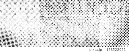 Rough grunge halftone texture. Distressed dirty aged background. Black dotted wallpaper for banner, poster, flyer, magazine, brochure. Scuffed ragged vector backdrop. Damaged glitched pixel overlay  128522921