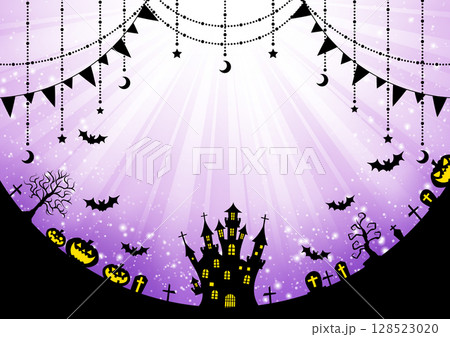 ハロウィン背景、紫、イラスト、集中、シルエット、横 128523020