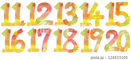 秋色の水彩で書いたカラフルな11,12,13,14,15,16,17,18,19,20の数字セット。 秋色の水彩で書いたカラフルな11,12,13,14,15,16,17,18,19,20の数字セット。 128523105