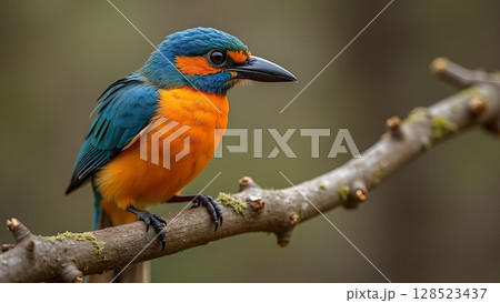 Vibrant kingfisher perched gracefully on a tree branch in its natural habitat environment showcasing colorful plumage Vibrant kingfisher perched gracefully on a tree branch in its natural habitat environment showcasing colorful plumage 128523437