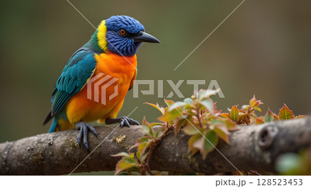 Stunning golden fronted leafbird perched on a branch with vibrant colors in a tropical forest 128523453