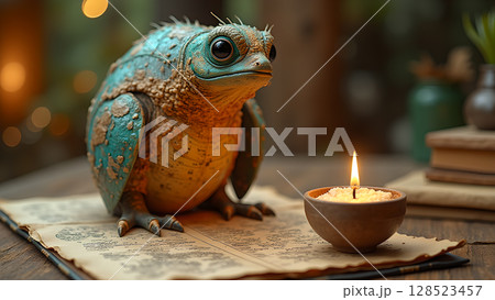 A charming creature beside a candlelit book exudes tranquility illuminating a peaceful atmosphere with enchanting details A charming creature beside a candlelit book exudes tranquility illuminating a peaceful atmosphere with enchanting details 128523457