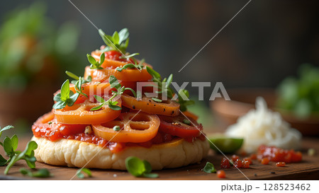 Delicious tomato bruschetta appetizer featuring vibrant colors and fresh herbs, served on a wooden board creating an appealing culinary scene Delicious tomato bruschetta appetizer featuring vibrant colors and fresh herbs, served on a wooden board creating an appealing culinary scene 128523462