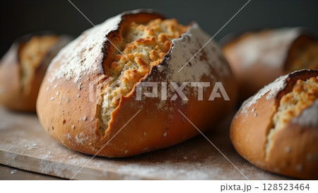 Rustic homemade sourdough bread loaf with a golden crust and flour dusting on a wooden board 128523464