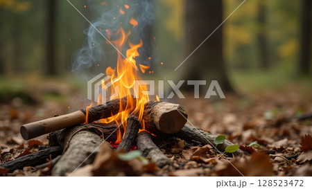 Embers glow warmly at the heart of campfire in a serene forest landscape, a moment of tranquility 128523472