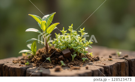 The circle of life depicted through new growth emerging from old tree stump displaying hope and potential 128523473