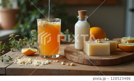 Invigorating orange juice creation with natural soaps and soy milk offers a refreshing experience 128523486