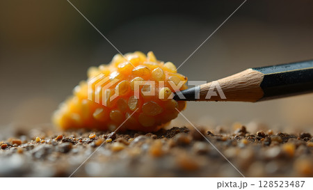 Macro shot revealing the intricate details of snail eggs beside pencil on soil ground 128523487