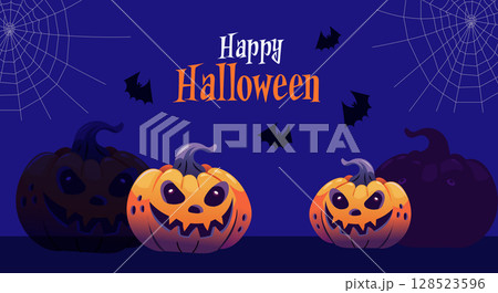 Spooky Halloween banner with pumpkins and ghosts 128523596