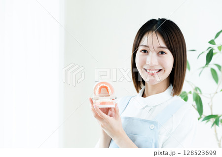 歯の模型を持つ歯科スタッフの女性 128523699